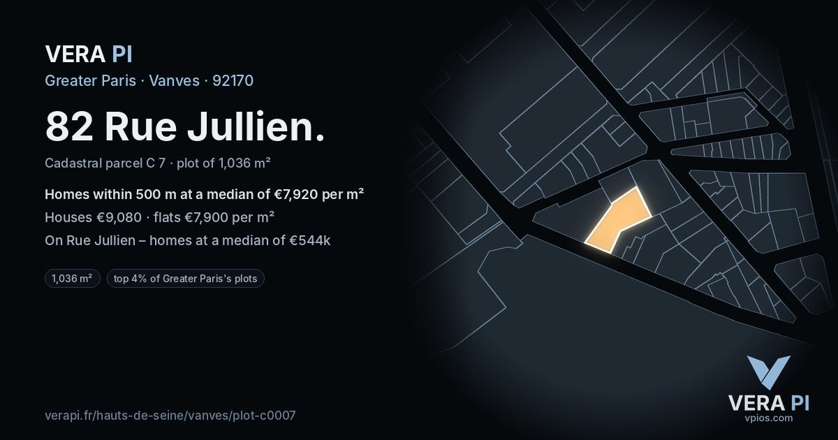 82 Rue Jullien, Vanves at night – the plot lit, the parcels around coloured by the prices near them