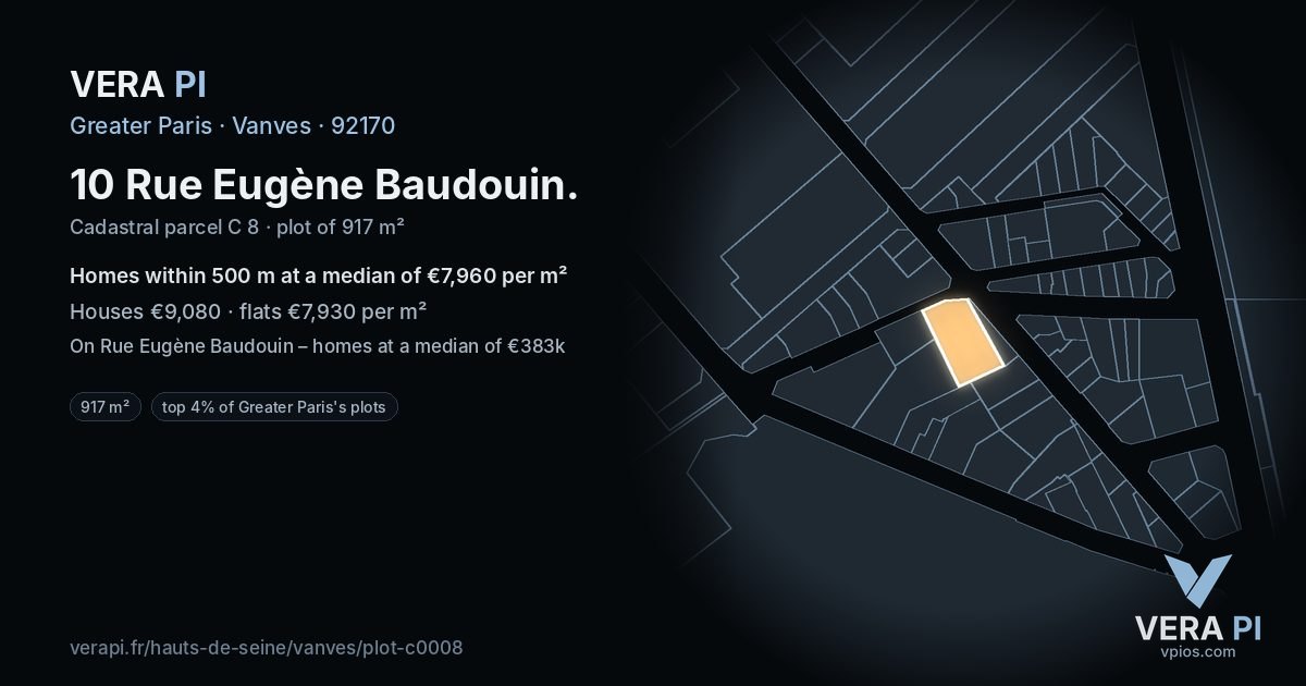 10 Rue Eugène Baudouin, Vanves at night – the plot lit, the parcels around coloured by the prices near them