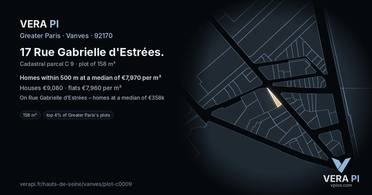 17 Rue Gabrielle d'Estrées, Vanves at night – the plot lit, the parcels around coloured by the prices near them