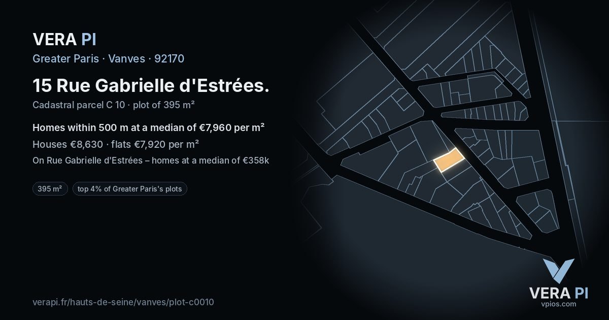 15 Rue Gabrielle d'Estrées, Vanves at night – the plot lit, the parcels around coloured by the prices near them