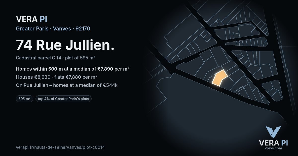 74 Rue Jullien, Vanves at night – the plot lit, the parcels around coloured by the prices near them
