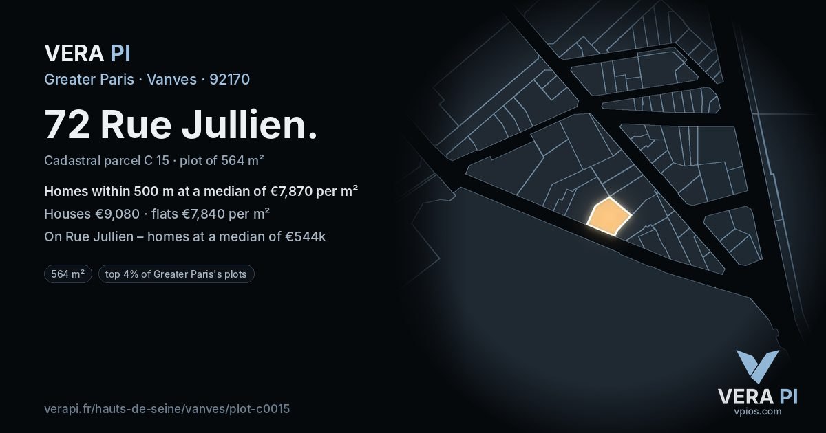 72 Rue Jullien, Vanves at night – the plot lit, the parcels around coloured by the prices near them