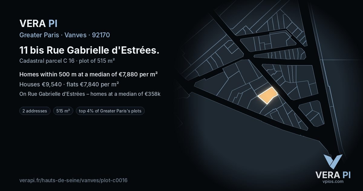 11 bis Rue Gabrielle d'Estrées, Vanves at night – the plot lit, the parcels around coloured by the prices near them