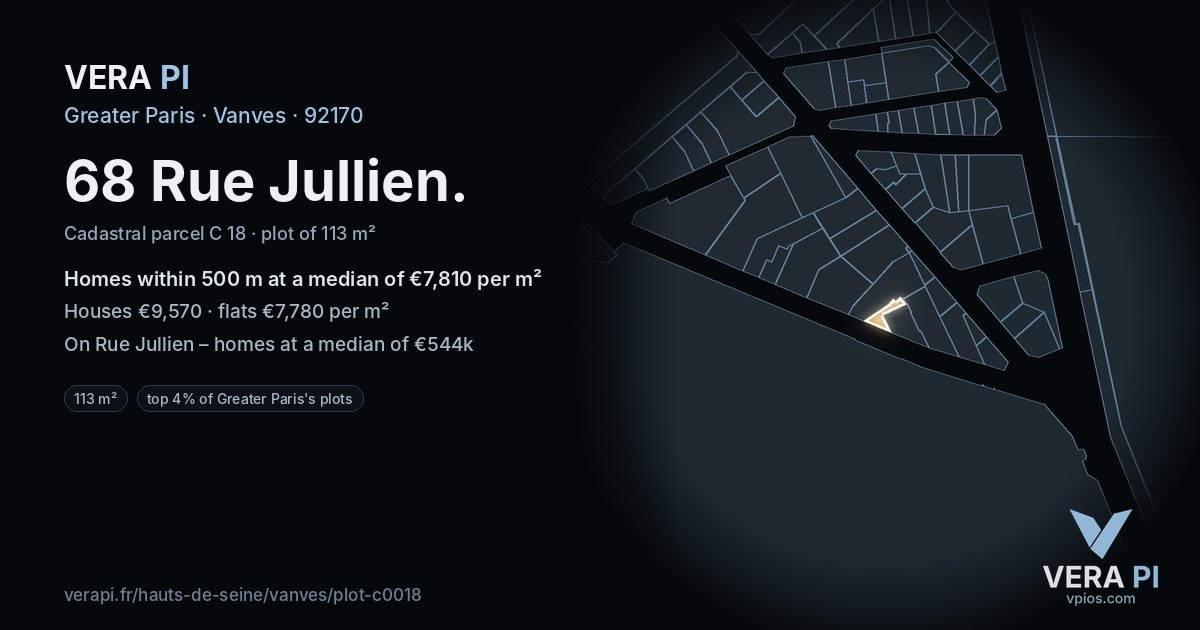 68 Rue Jullien, Vanves at night – the plot lit, the parcels around coloured by the prices near them