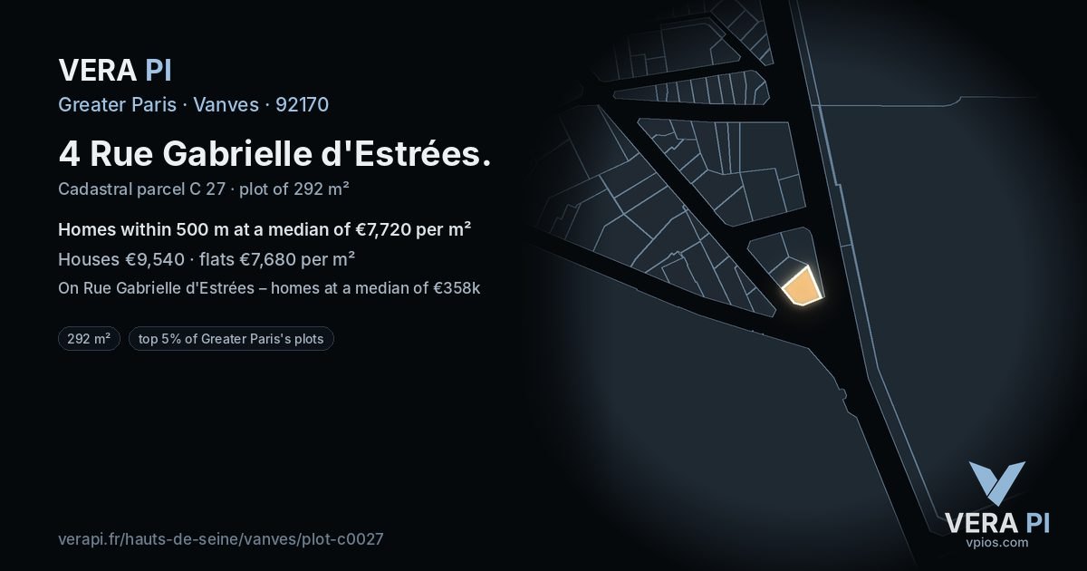 4 Rue Gabrielle d'Estrées, Vanves at night – the plot lit, the parcels around coloured by the prices near them