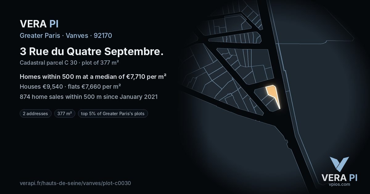 3 Rue du Quatre Septembre, Vanves at night – the plot lit, the parcels around coloured by the prices near them