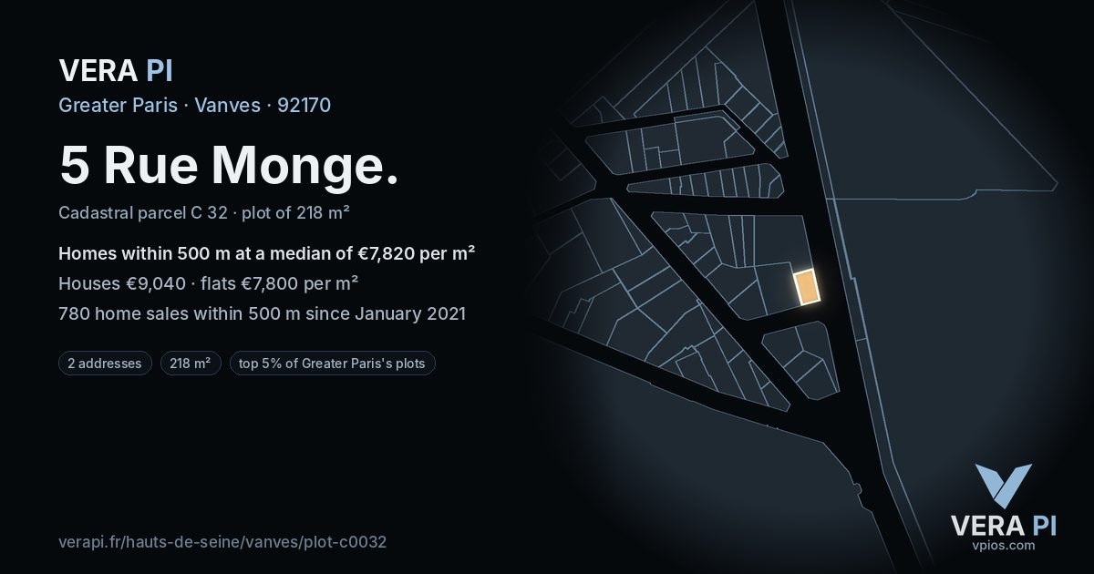 5 Rue Monge, Vanves at night – the plot lit, the parcels around coloured by the prices near them