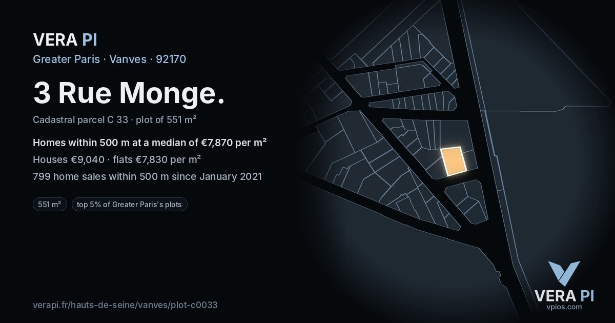 3 Rue Monge, Vanves at night – the plot lit, the parcels around coloured by the prices near them