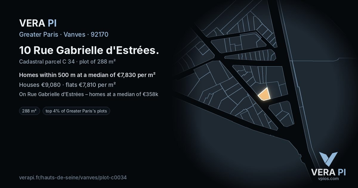 10 Rue Gabrielle d'Estrées, Vanves at night – the plot lit, the parcels around coloured by the prices near them