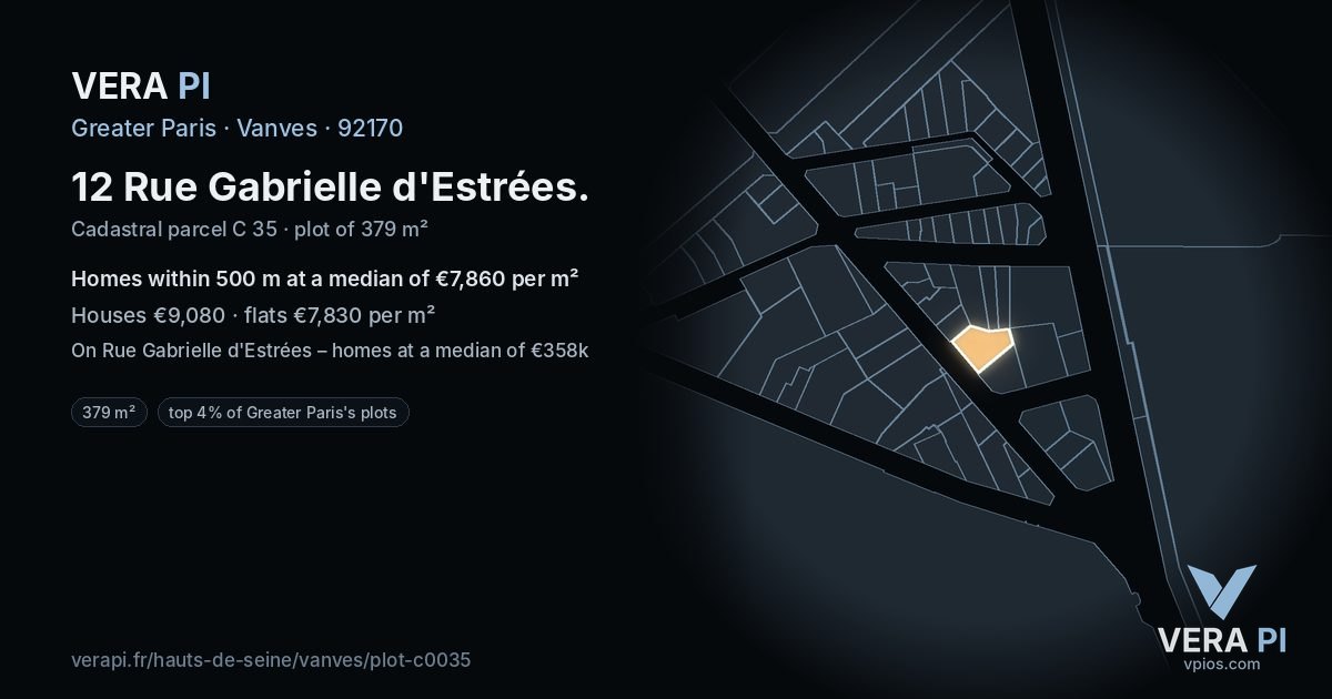 12 Rue Gabrielle d'Estrées, Vanves at night – the plot lit, the parcels around coloured by the prices near them