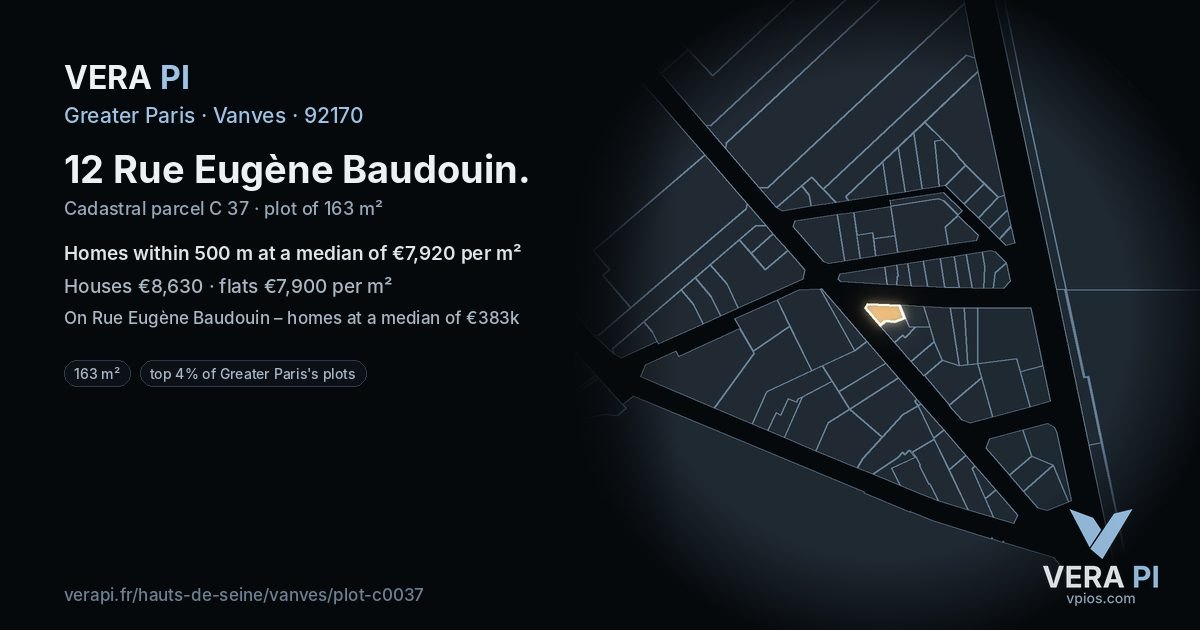 12 Rue Eugène Baudouin, Vanves at night – the plot lit, the parcels around coloured by the prices near them