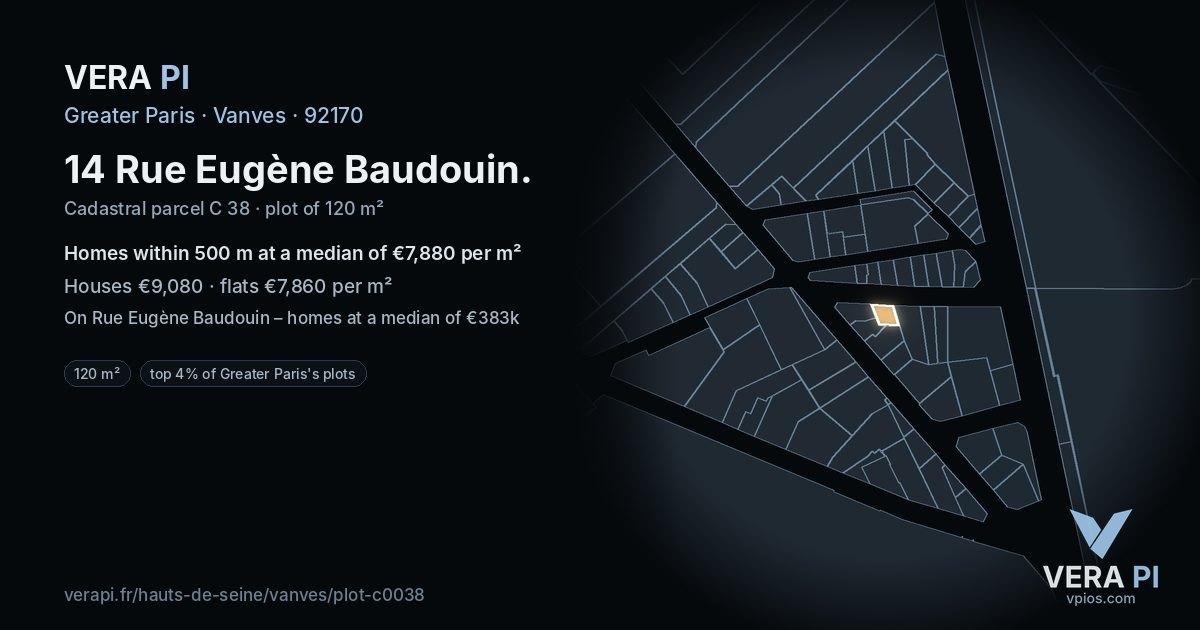 14 Rue Eugène Baudouin, Vanves at night – the plot lit, the parcels around coloured by the prices near them