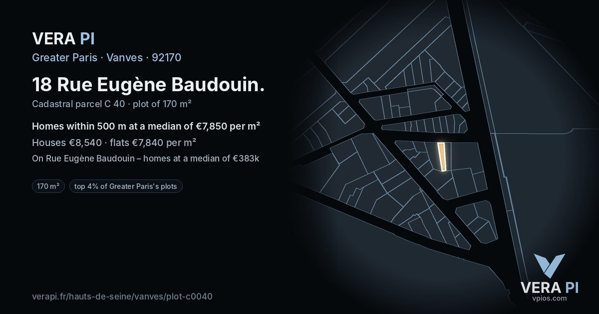 18 Rue Eugène Baudouin, Vanves at night – the plot lit, the parcels around coloured by the prices near them