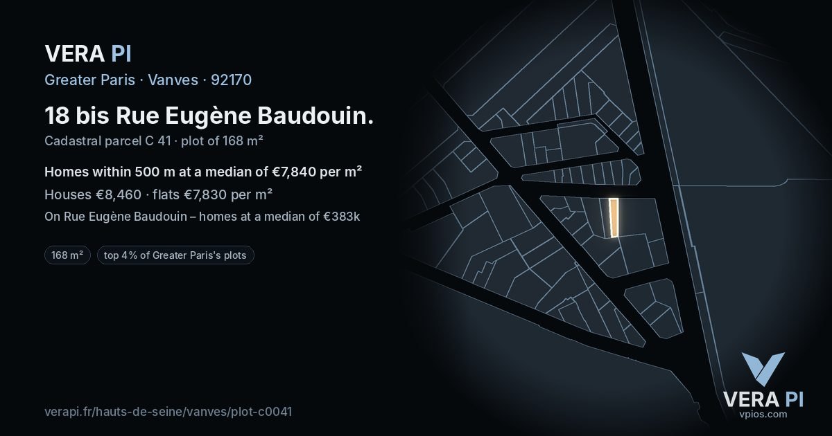 18 bis Rue Eugène Baudouin, Vanves at night – the plot lit, the parcels around coloured by the prices near them