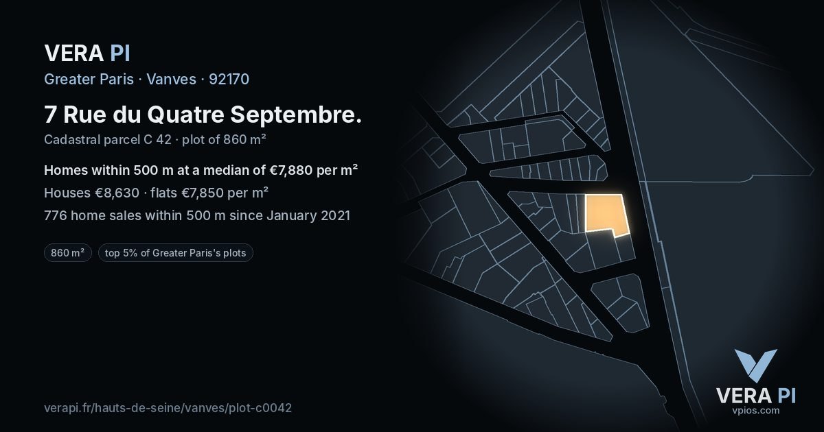 7 Rue du Quatre Septembre, Vanves at night – the plot lit, the parcels around coloured by the prices near them