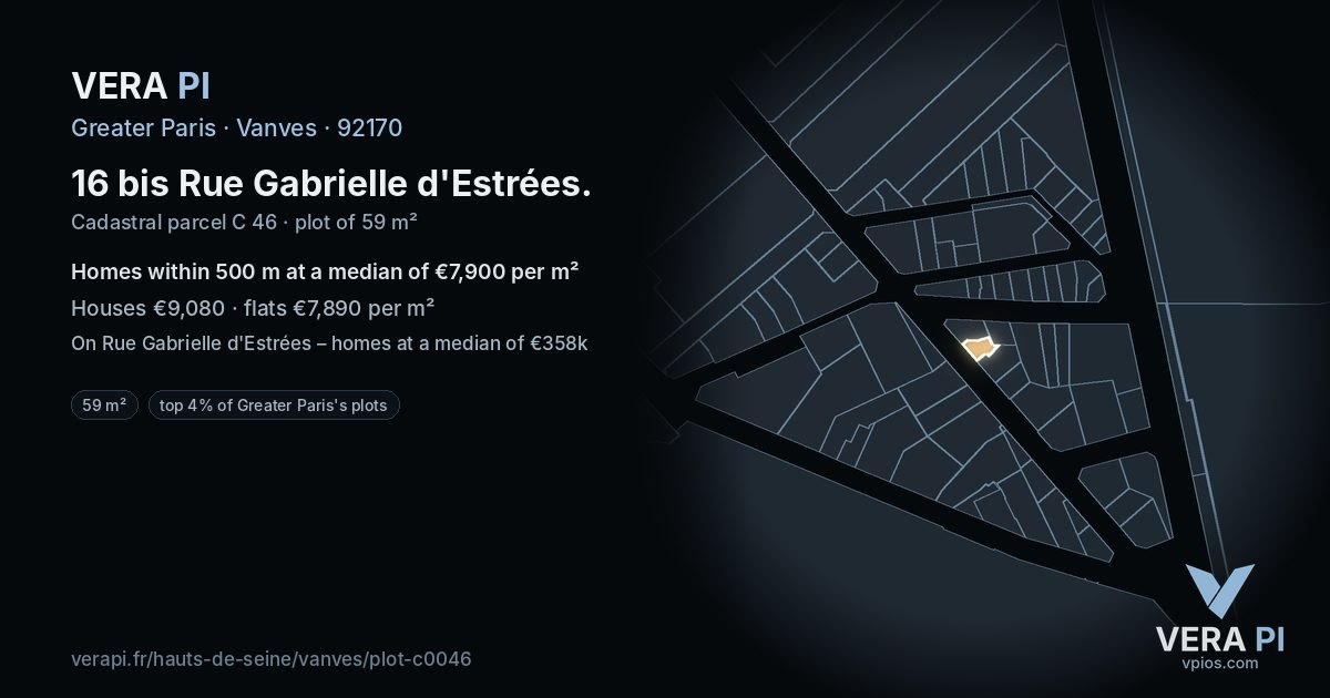 16 bis Rue Gabrielle d'Estrées, Vanves at night – the plot lit, the parcels around coloured by the prices near them