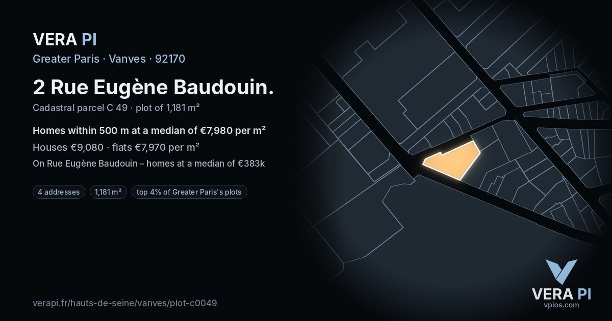 2 Rue Eugène Baudouin, Vanves at night – the plot lit, the parcels around coloured by the prices near them