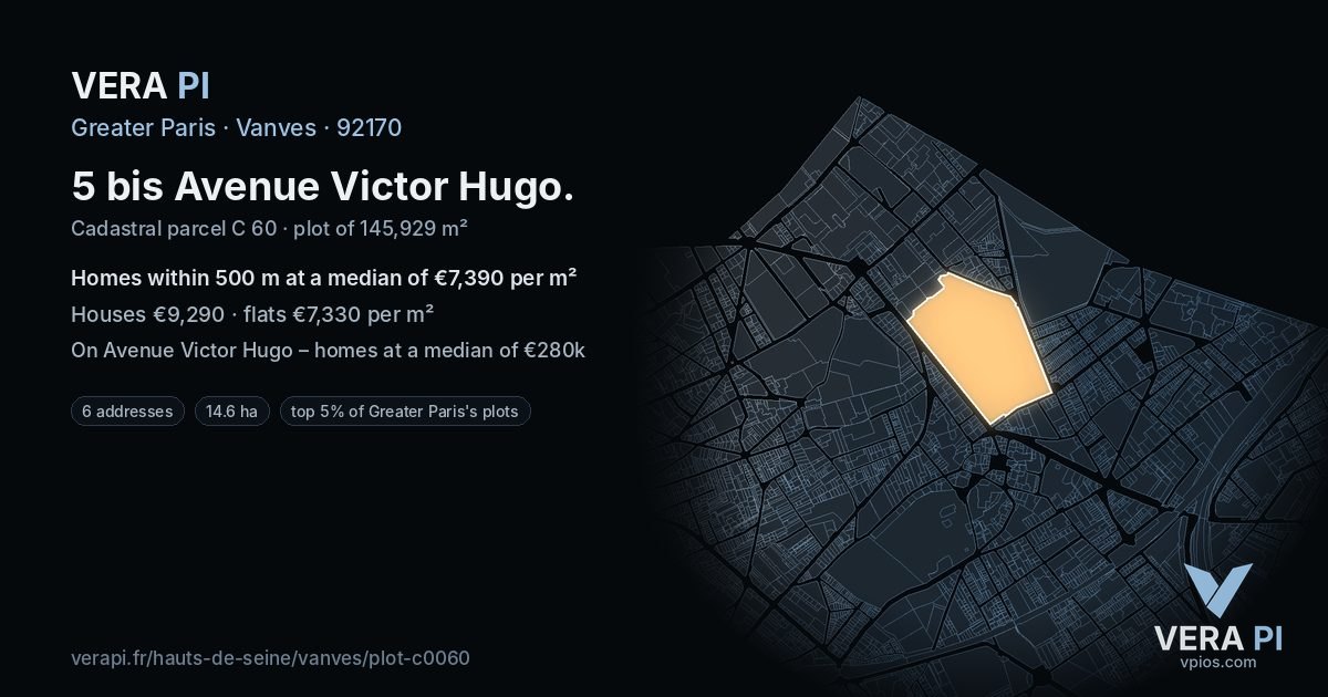 5 bis Avenue Victor Hugo, Vanves at night – the plot lit, the parcels around coloured by the prices near them