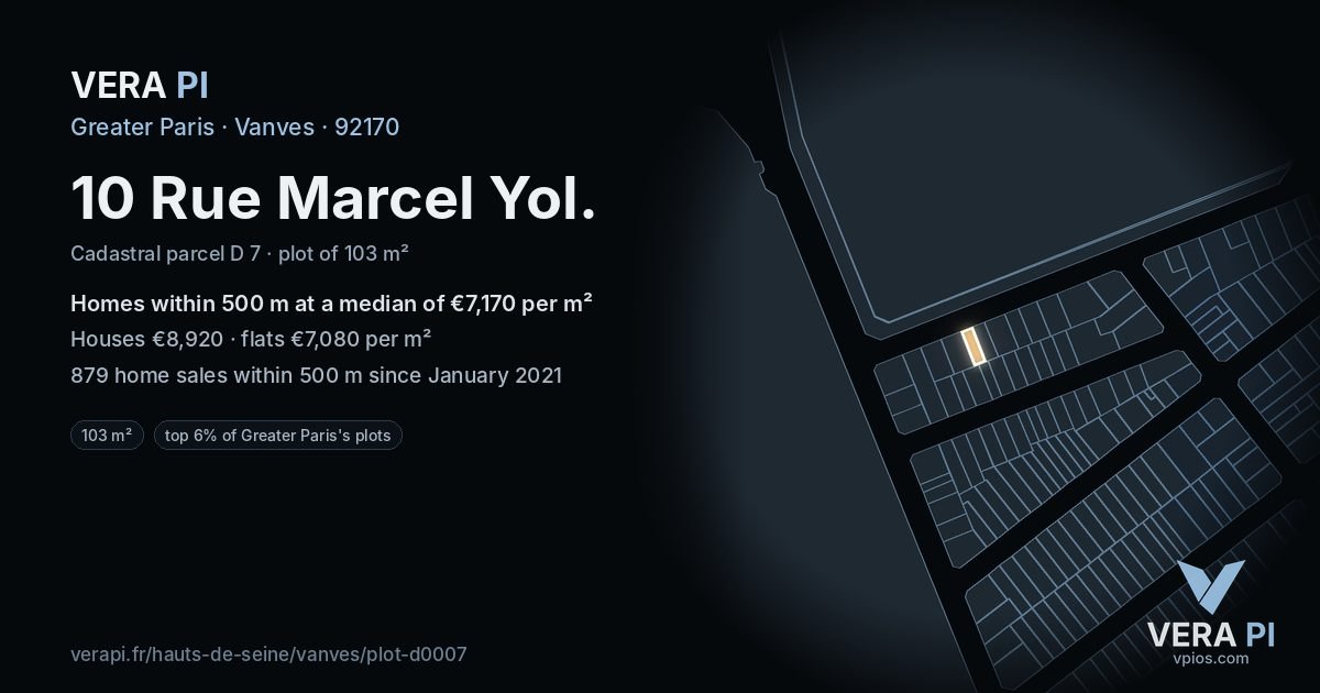 10 Rue Marcel Yol, Vanves at night – the plot lit, the parcels around coloured by the prices near them
