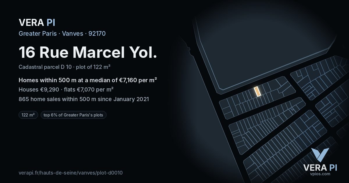 16 Rue Marcel Yol, Vanves at night – the plot lit, the parcels around coloured by the prices near them