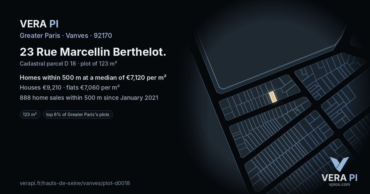 23 Rue Marcellin Berthelot, Vanves at night – the plot lit, the parcels around coloured by the prices near them
