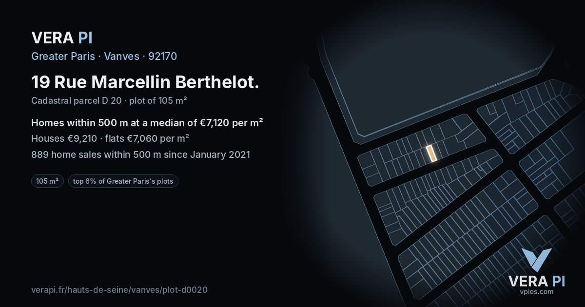 19 Rue Marcellin Berthelot, Vanves at night – the plot lit, the parcels around coloured by the prices near them