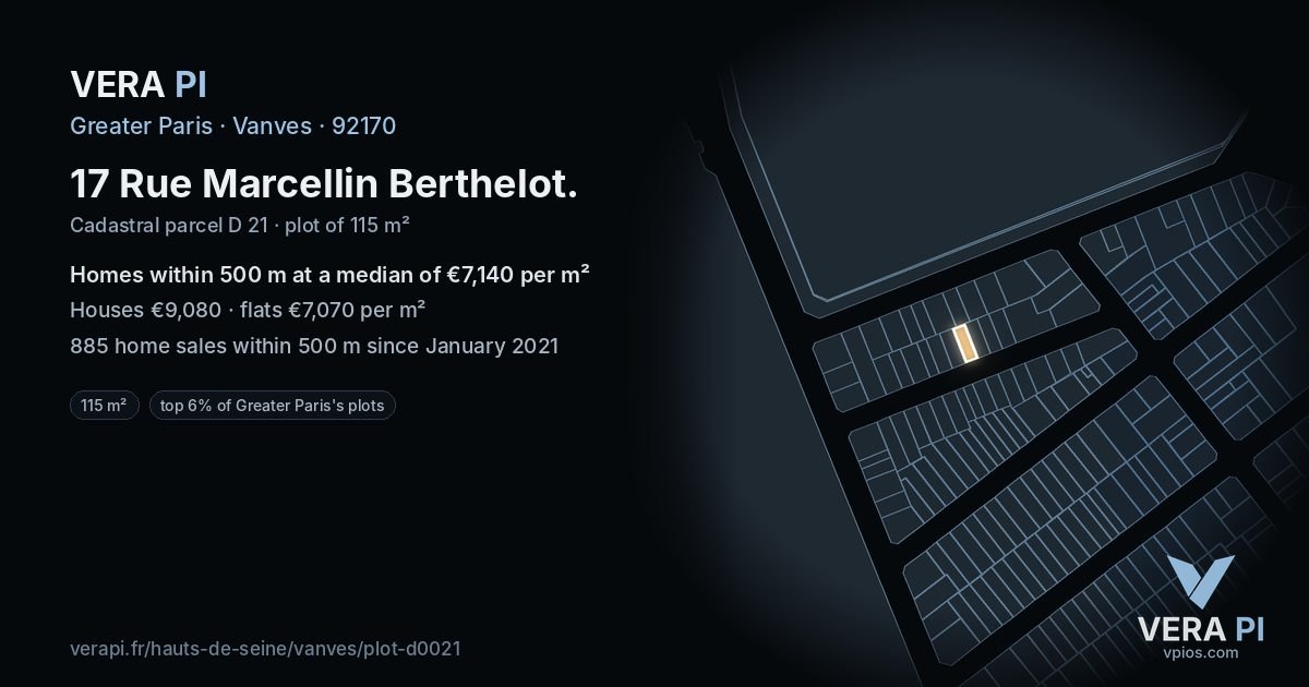 17 Rue Marcellin Berthelot, Vanves at night – the plot lit, the parcels around coloured by the prices near them