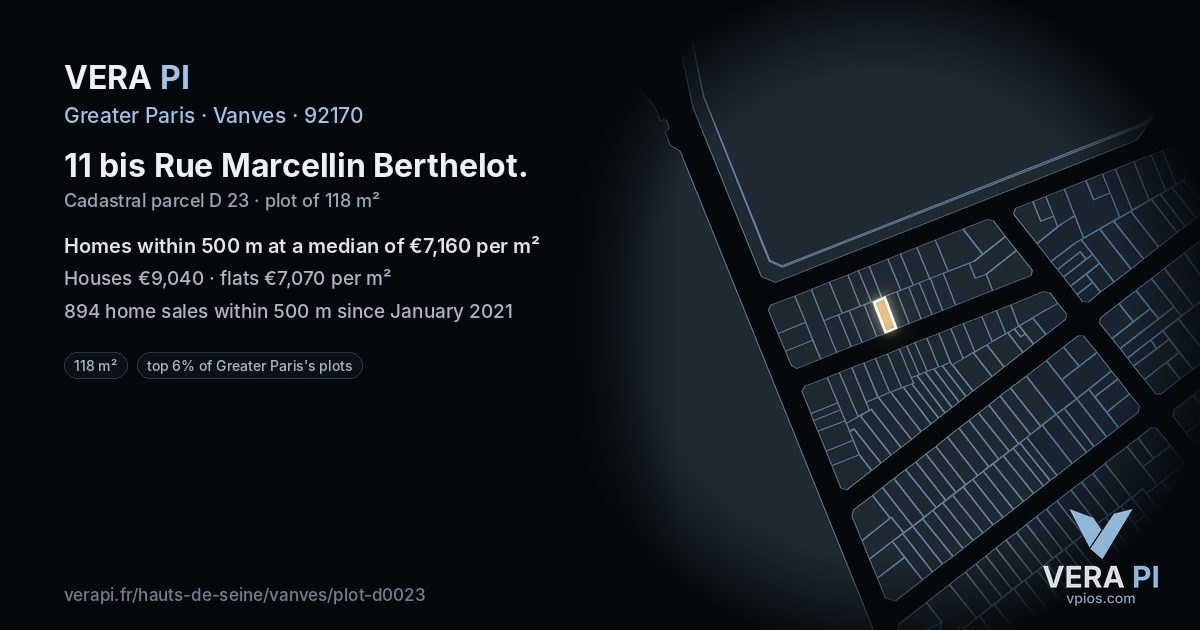 11 bis Rue Marcellin Berthelot, Vanves at night – the plot lit, the parcels around coloured by the prices near them