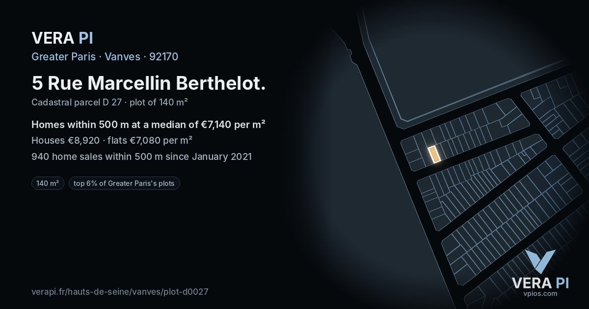 5 Rue Marcellin Berthelot, Vanves at night – the plot lit, the parcels around coloured by the prices near them