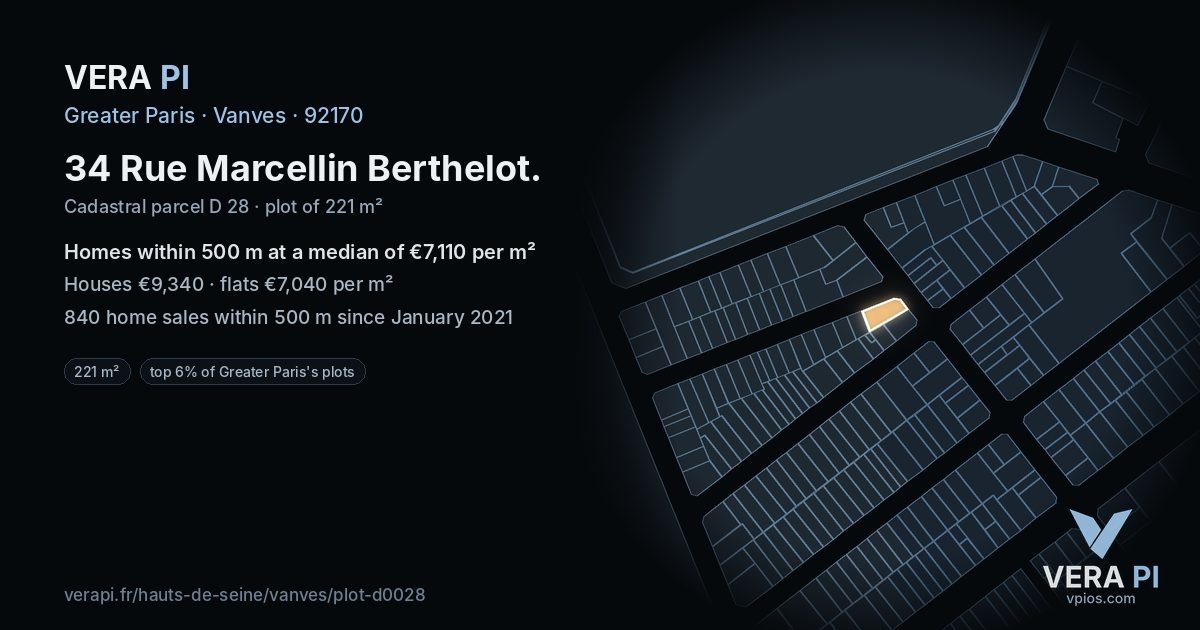 34 Rue Marcellin Berthelot, Vanves at night – the plot lit, the parcels around coloured by the prices near them