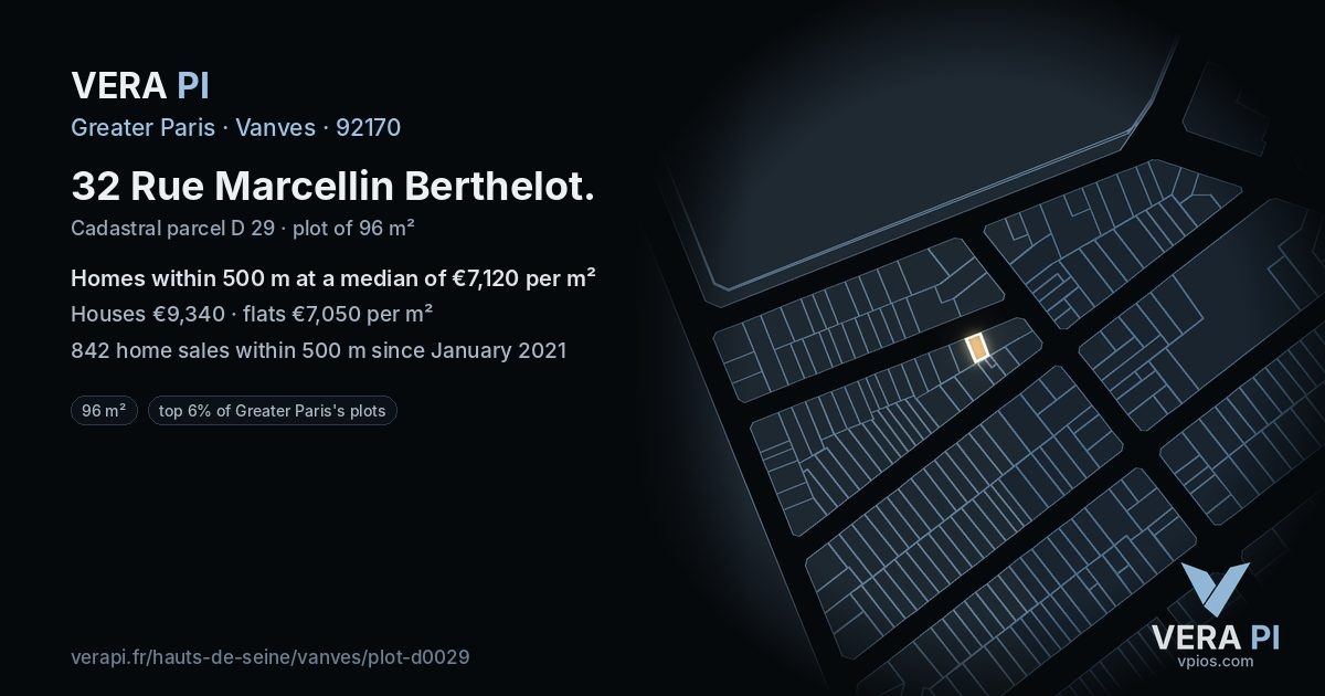 32 Rue Marcellin Berthelot, Vanves at night – the plot lit, the parcels around coloured by the prices near them