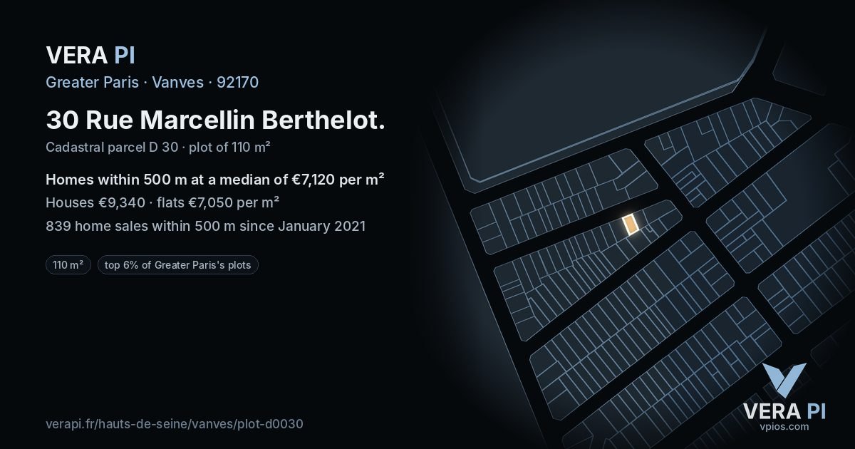 30 Rue Marcellin Berthelot, Vanves at night – the plot lit, the parcels around coloured by the prices near them
