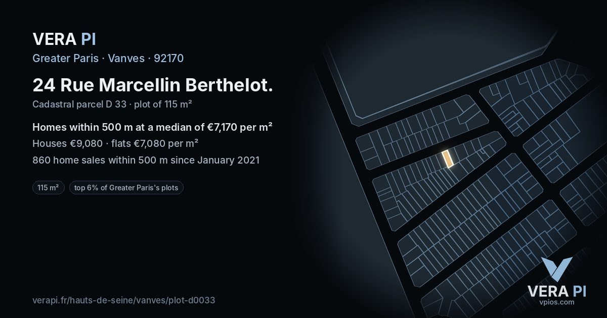 24 Rue Marcellin Berthelot, Vanves at night – the plot lit, the parcels around coloured by the prices near them