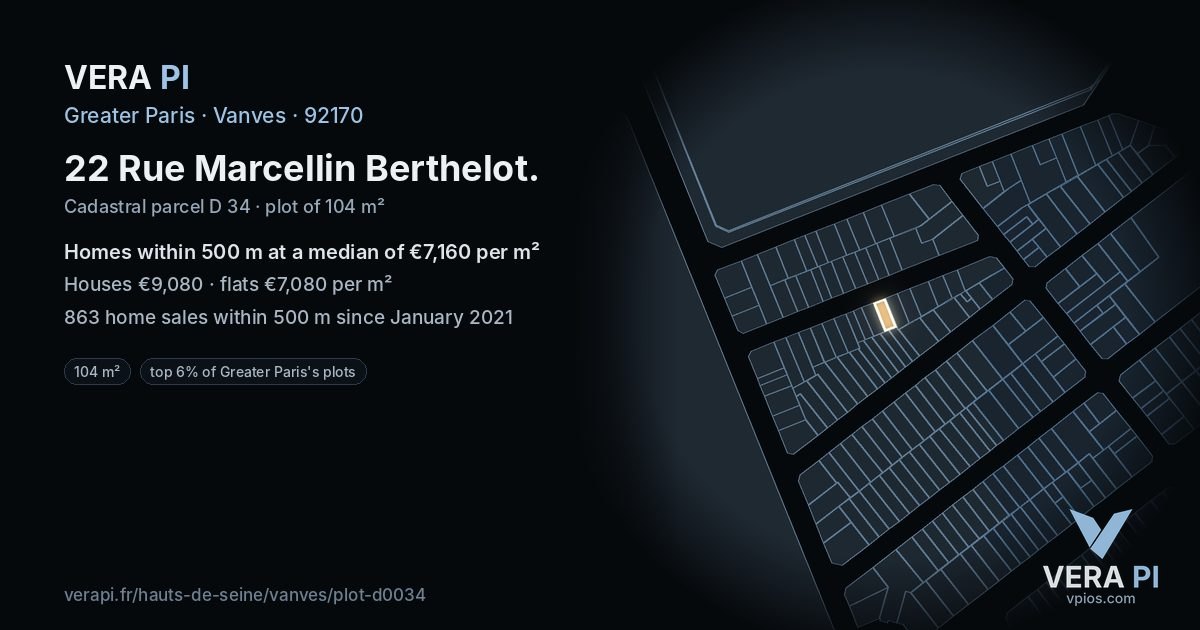 22 Rue Marcellin Berthelot, Vanves at night – the plot lit, the parcels around coloured by the prices near them