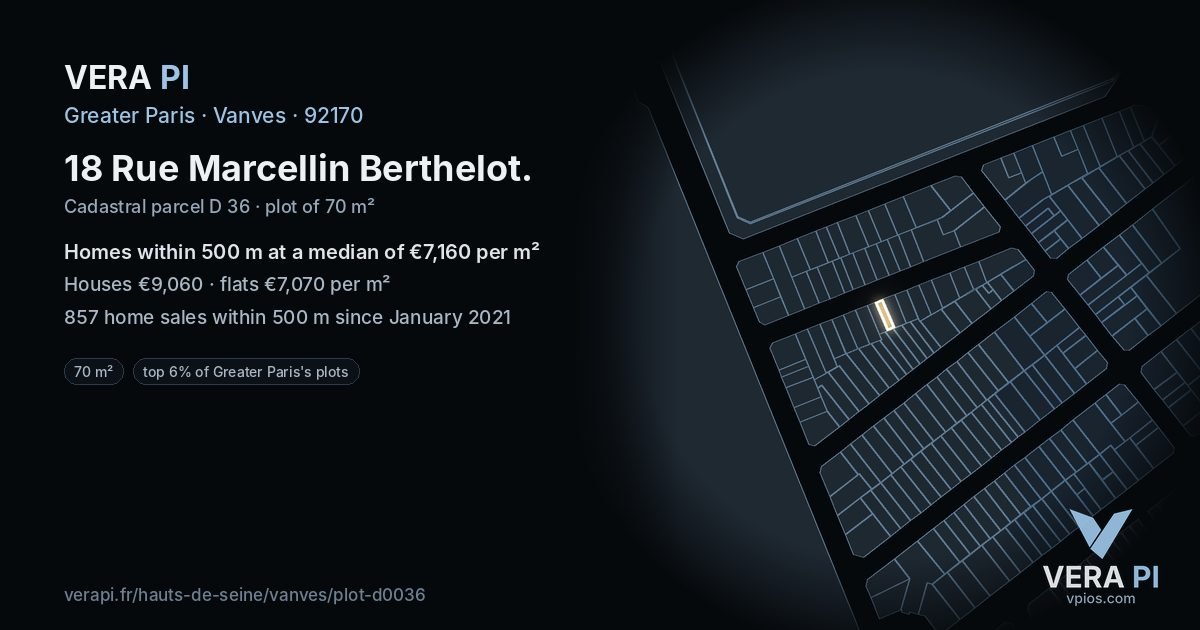 18 Rue Marcellin Berthelot, Vanves at night – the plot lit, the parcels around coloured by the prices near them