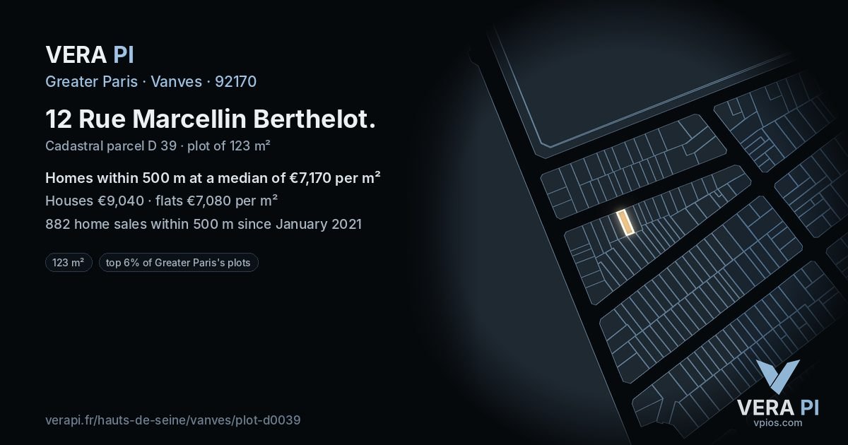 12 Rue Marcellin Berthelot, Vanves at night – the plot lit, the parcels around coloured by the prices near them