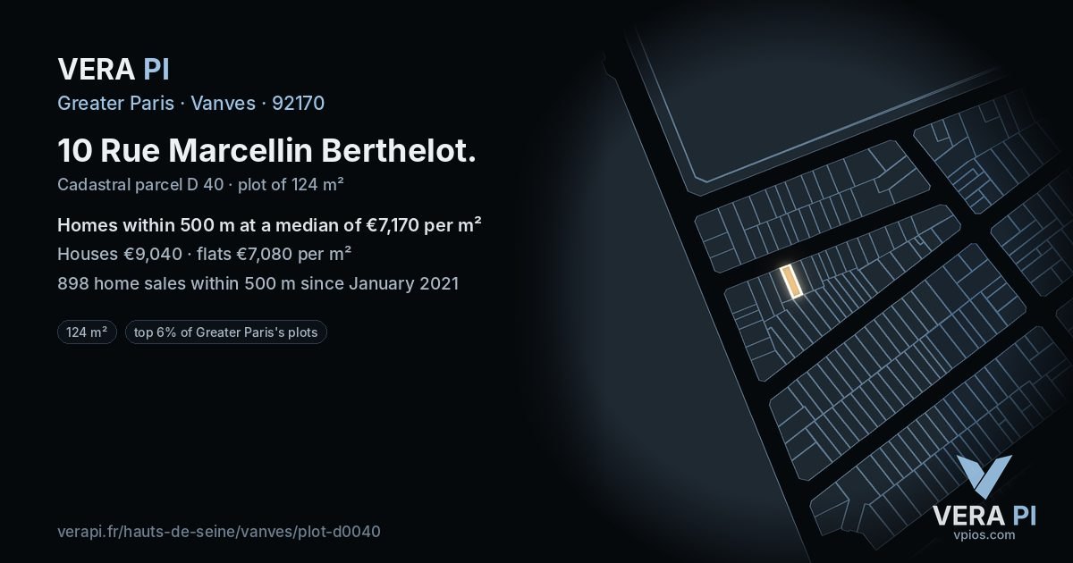 10 Rue Marcellin Berthelot, Vanves at night – the plot lit, the parcels around coloured by the prices near them