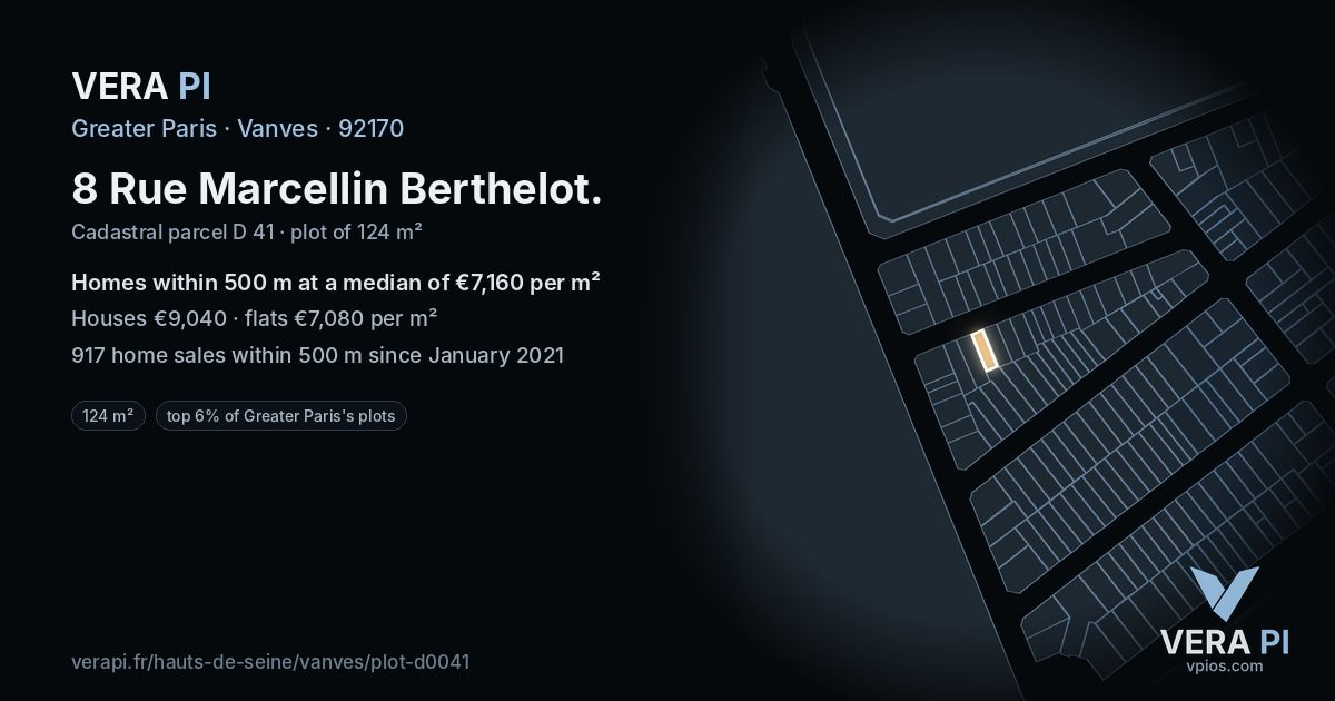 8 Rue Marcellin Berthelot, Vanves at night – the plot lit, the parcels around coloured by the prices near them