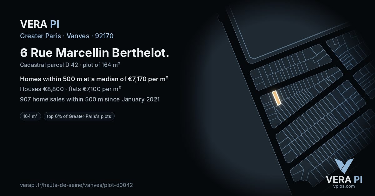 6 Rue Marcellin Berthelot, Vanves at night – the plot lit, the parcels around coloured by the prices near them