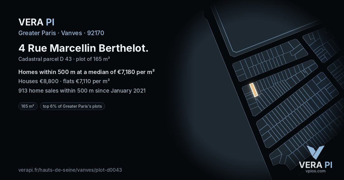 4 Rue Marcellin Berthelot, Vanves at night – the plot lit, the parcels around coloured by the prices near them