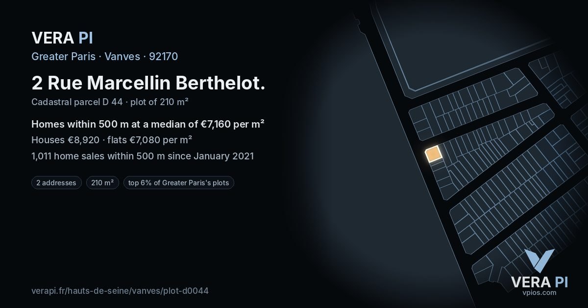 2 Rue Marcellin Berthelot, Vanves at night – the plot lit, the parcels around coloured by the prices near them