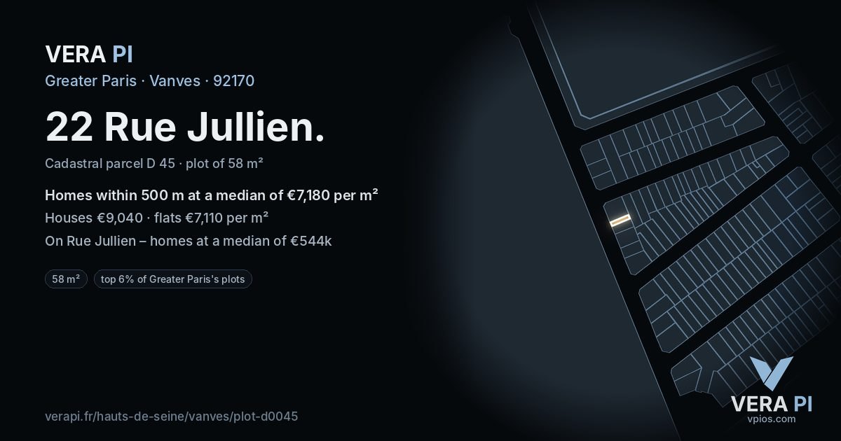 22 Rue Jullien, Vanves at night – the plot lit, the parcels around coloured by the prices near them