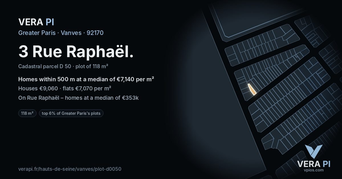3 Rue Raphaël, Vanves at night – the plot lit, the parcels around coloured by the prices near them