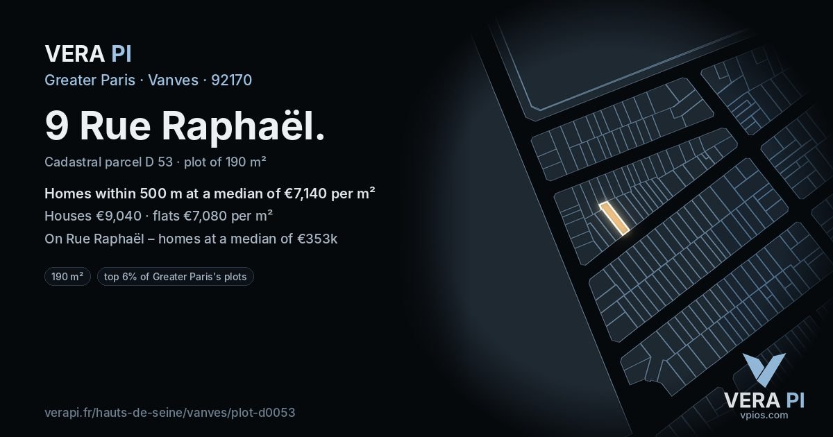 9 Rue Raphaël, Vanves at night – the plot lit, the parcels around coloured by the prices near them