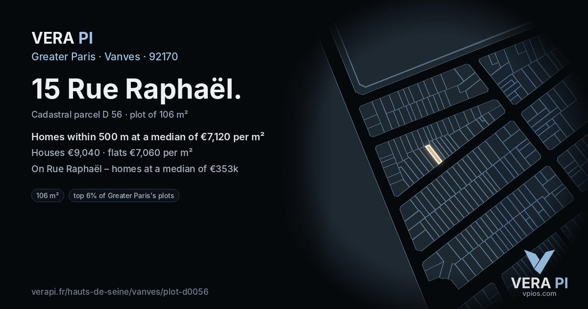 15 Rue Raphaël, Vanves at night – the plot lit, the parcels around coloured by the prices near them