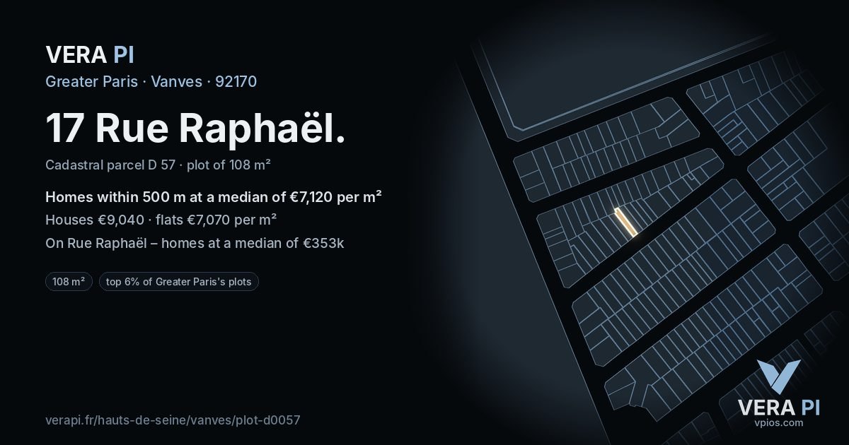 17 Rue Raphaël, Vanves at night – the plot lit, the parcels around coloured by the prices near them