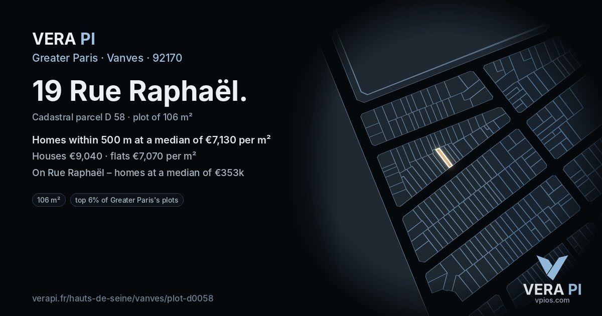 19 Rue Raphaël, Vanves at night – the plot lit, the parcels around coloured by the prices near them