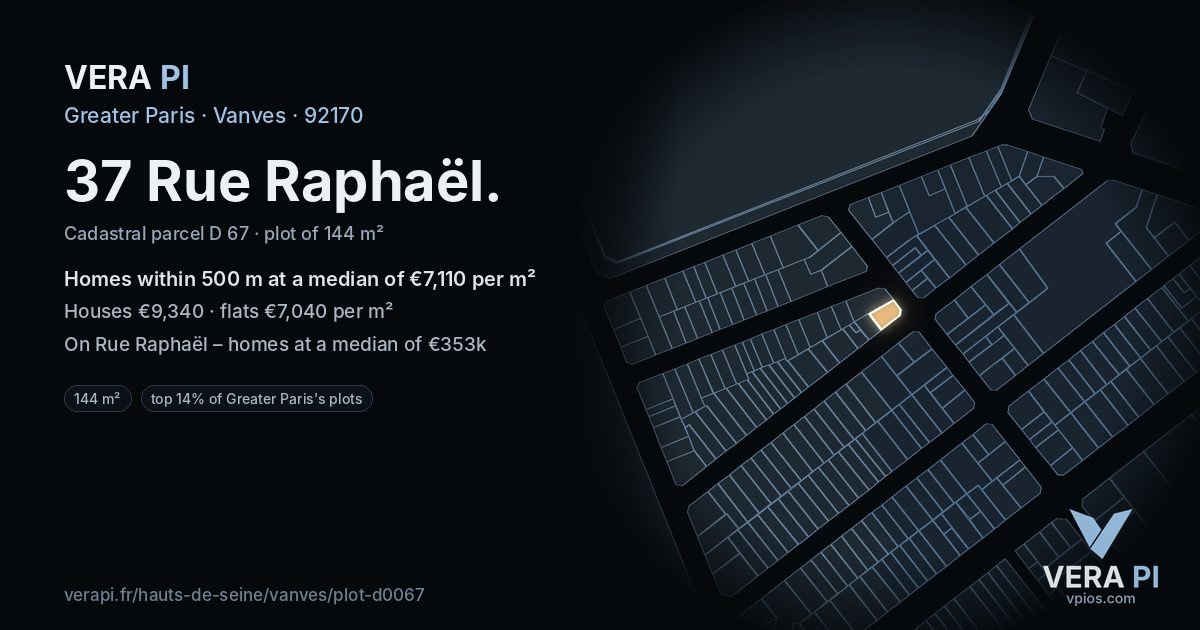 37 Rue Raphaël, Vanves at night – the plot lit, the parcels around coloured by the prices near them