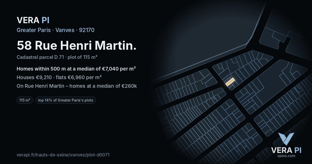 58 Rue Henri Martin, Vanves at night – the plot lit, the parcels around coloured by the prices near them