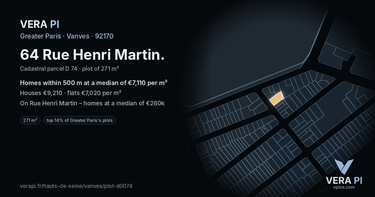 64 Rue Henri Martin, Vanves at night – the plot lit, the parcels around coloured by the prices near them